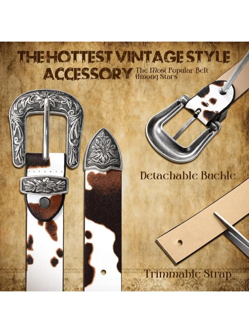 Women's Cow Print Leather Belts Vintage Western Design Silver Buckle Waist Belt